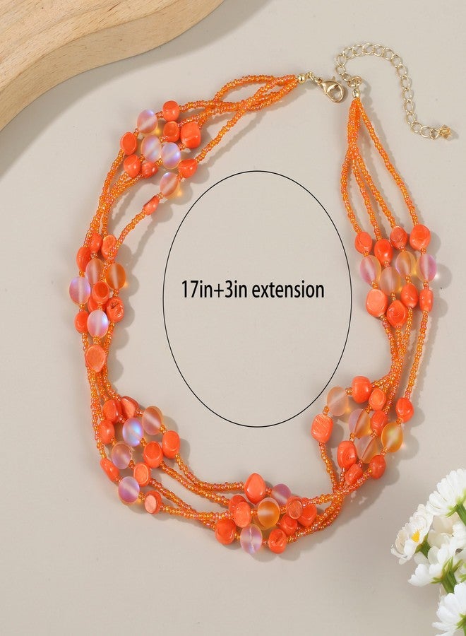 Xalroco Colorful Natural or Synthetic Gemstone Choker Necklace for Women, Statement Shell Crystal Beaded Multi-Strand Collar Necklace, Moonstone Necklace, Jewelry Gift for Her (Orange) - Image 3